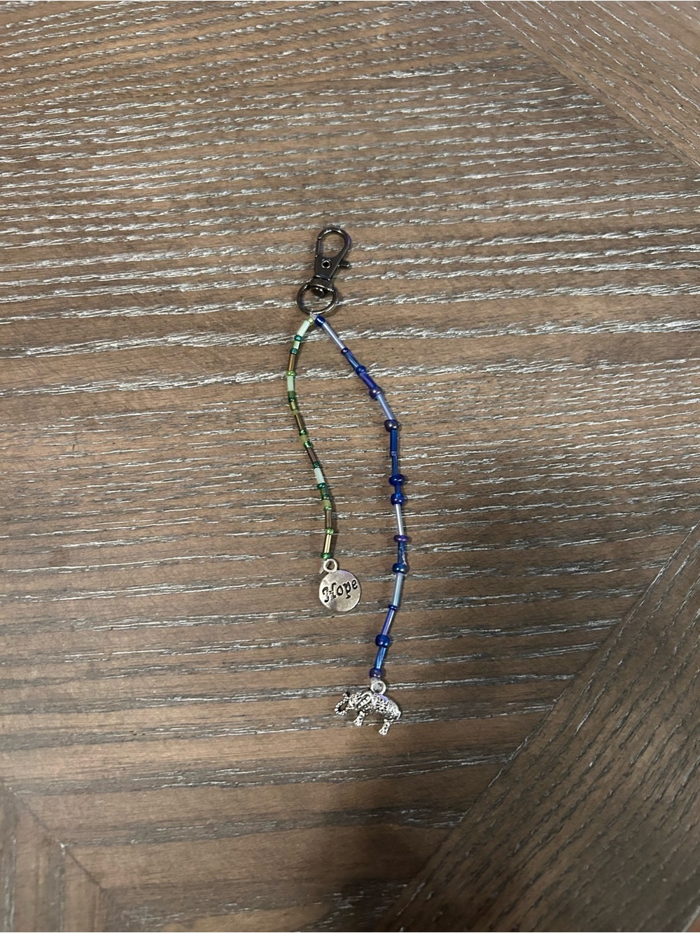 Beaded Blue & Green Bag Charm/Keychain with Elephant and 'Hope' Pendant